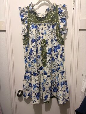 Mi Golondrina White Dress with Blue Floral Print and Olive Smocked Yoke